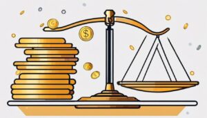 Een zorgvuldig gearrangeerde set van balansschaal met munten en financiële documenten.