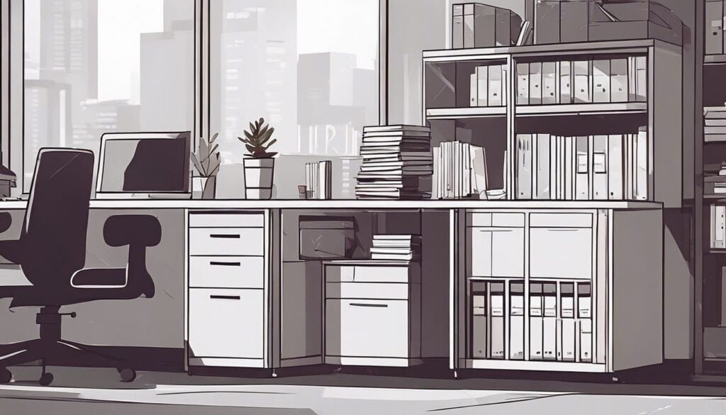 Een netjes georganiseerd en gelabeld archiefkast in een moderne kantooromgeving.