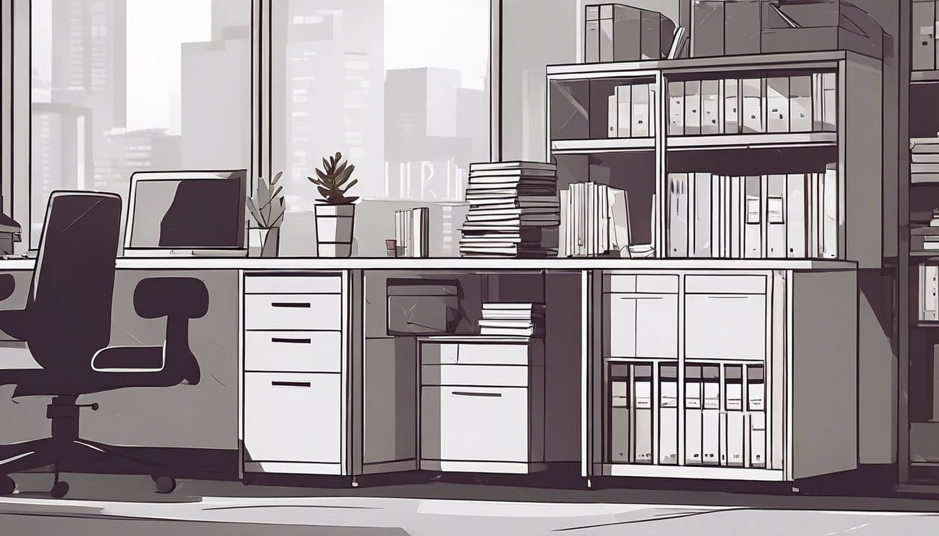 Een netjes georganiseerd en gelabeld archiefkast in een moderne kantooromgeving.