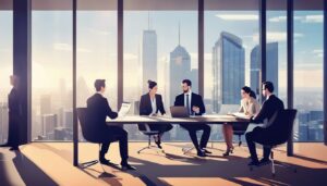 Bedrijfsprofessionals bespreken financiële documenten in een moderne kantooromgeving.