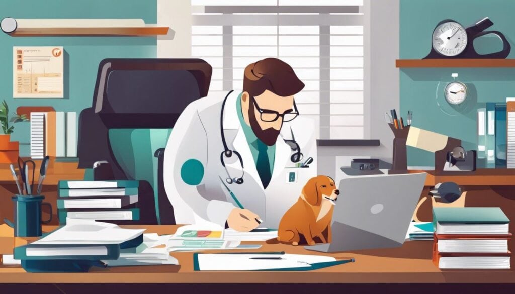 Een dierenarts organiseert financiële documenten in een moderne kantooromgeving.