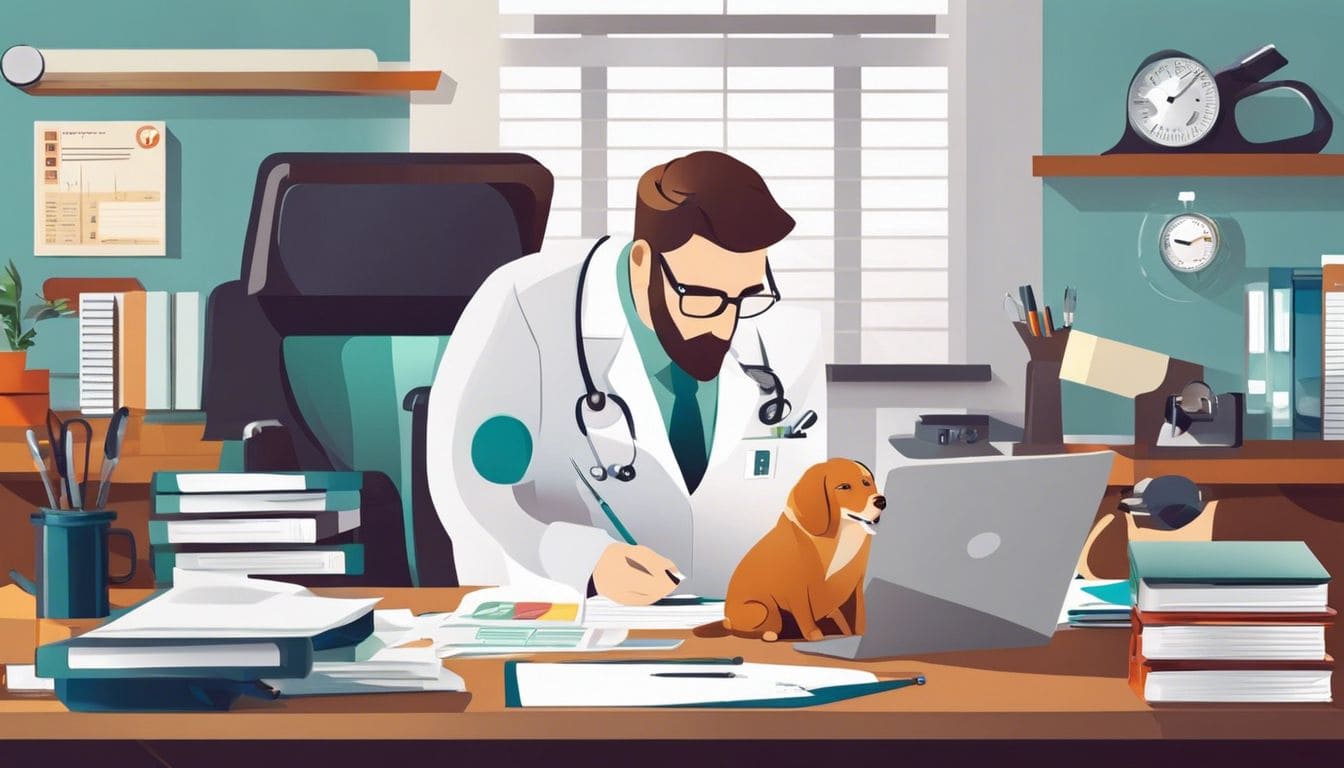 Een dierenarts organiseert financiële documenten in een moderne kantooromgeving.