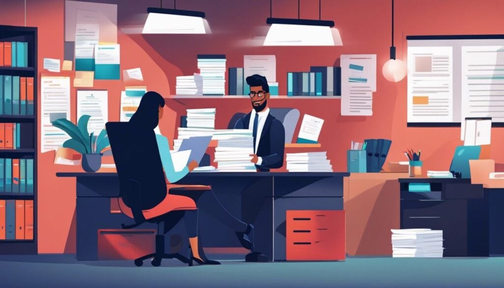 Een vastberaden accountant organiseert facturen in een moderne kantooromgeving.