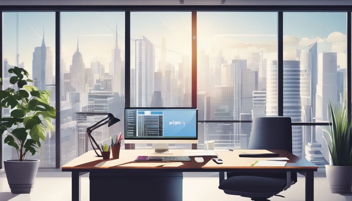 Een opgeruimd kantoorbureau met computer, boek en rekenmachine, stadlandschapfoto. Een opgeruimd kantoorbureau met computer, boek en rekenmachine, stadlandschapfoto.