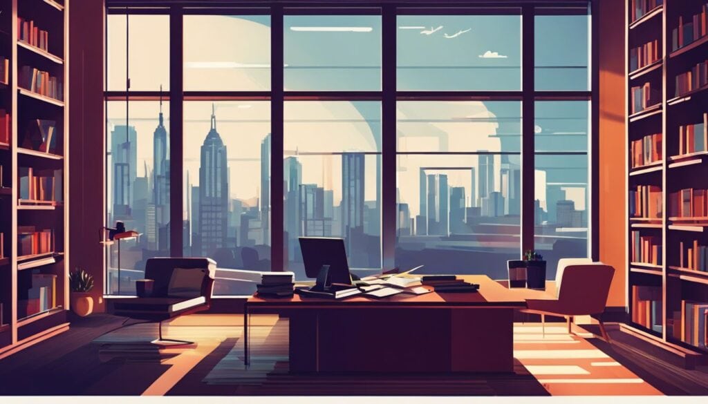 Een persoon bestudeert Amerikaanse financiële boekhouding in een moderne bibliotheek met grote ramen en een stadsgezicht.