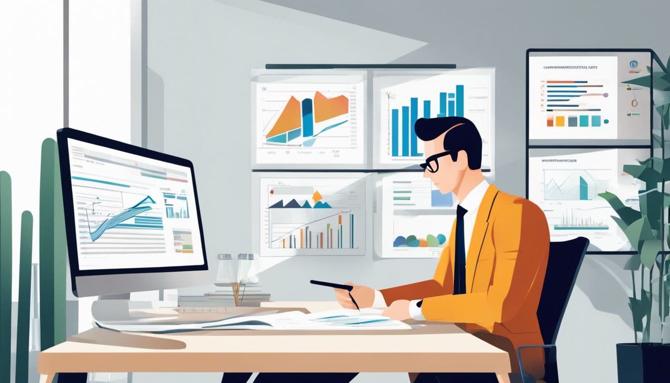 Een zakelijke professional analyseert financi&euml;le overzichten in een modern kantoor.