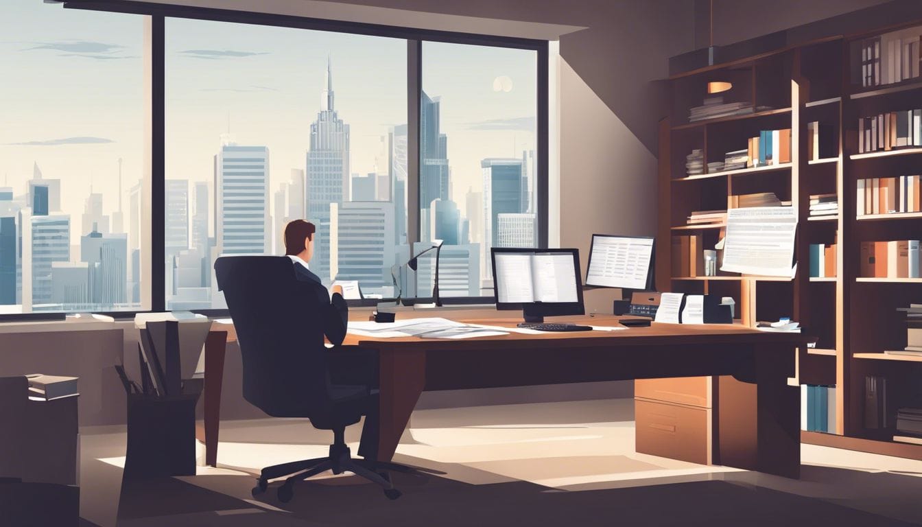 Persoon zit aan bureau omgeven door financiële documenten en rekenmachine.