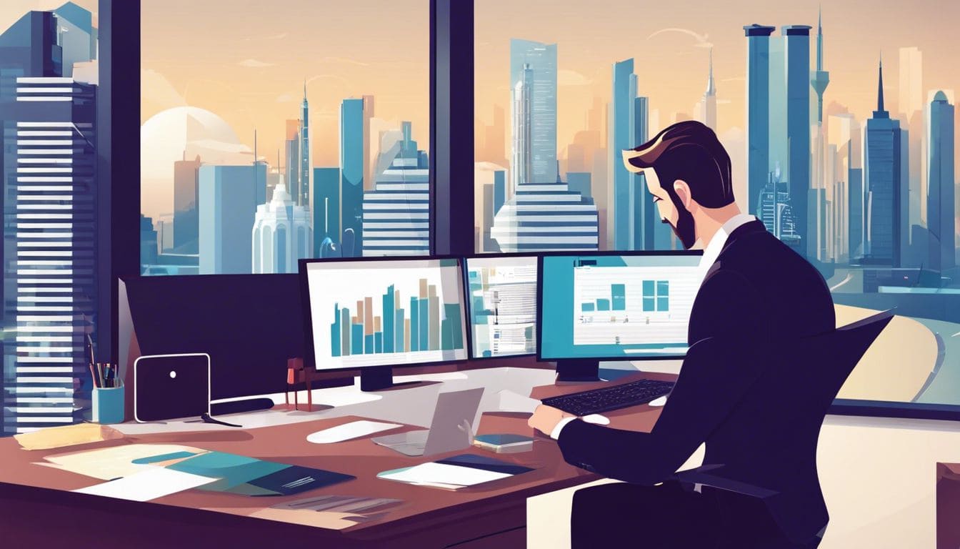 Een zakenman analyseert financiële documenten in een modern kantoor.