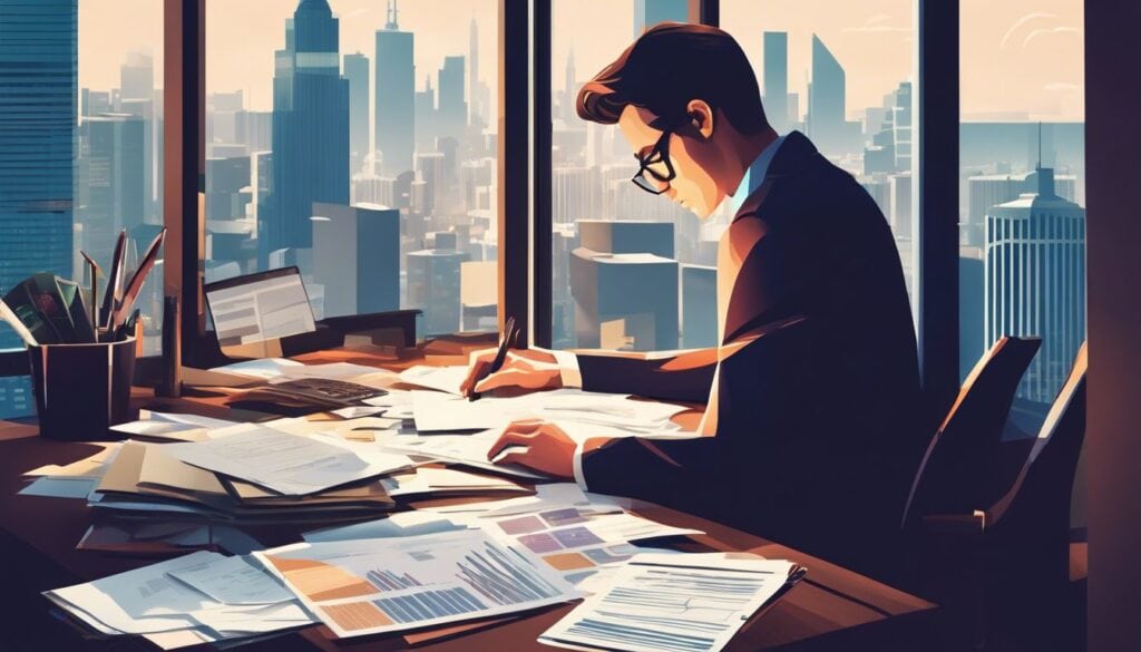 Een persoon die zich concentreert op financiële documenten en een calculator op een rommelig bureau, met een moderne stadsskyline zichtbaar door het raam.