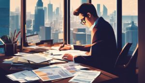 Een persoon die zich concentreert op financiële documenten en een calculator op een rommelig bureau, met een moderne stadsskyline zichtbaar door het raam.