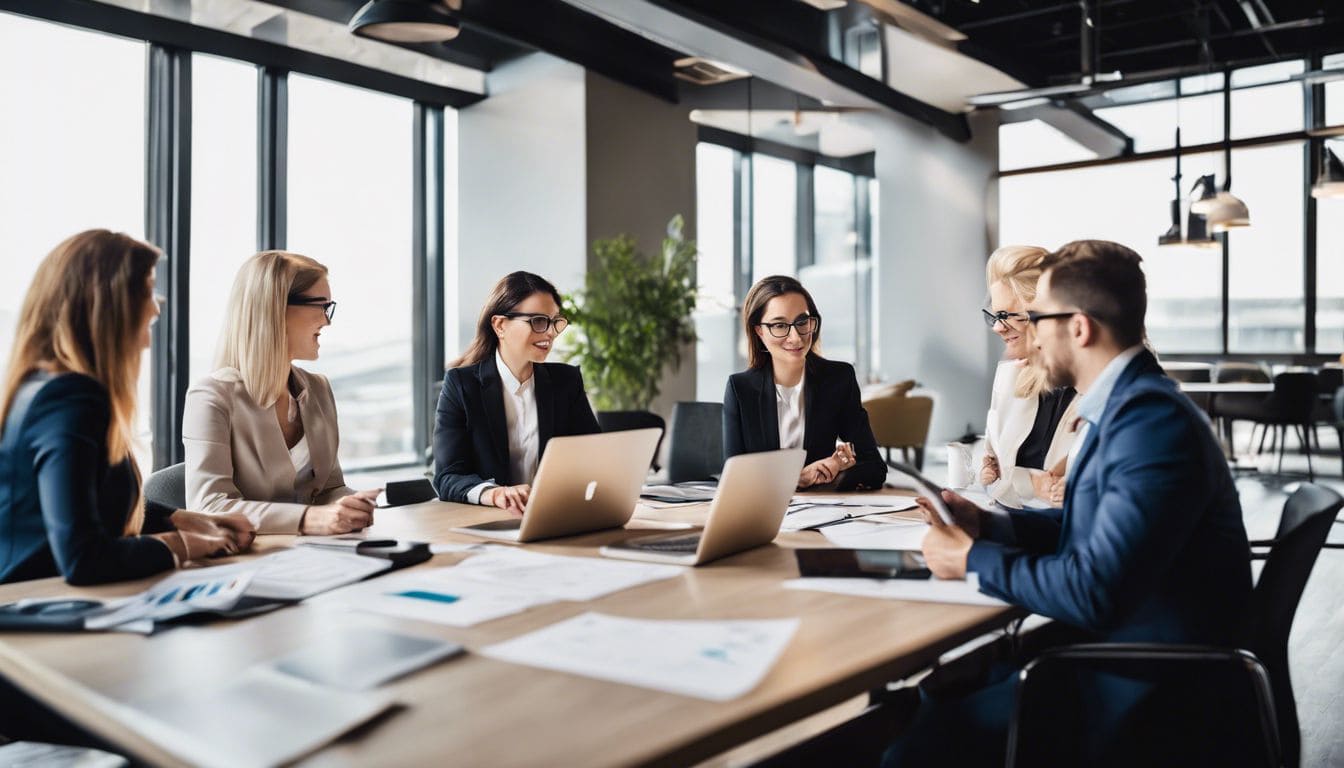 Diverse groep ondernemers bespreekt boekhoudkundige kwesties in modern kantoor.