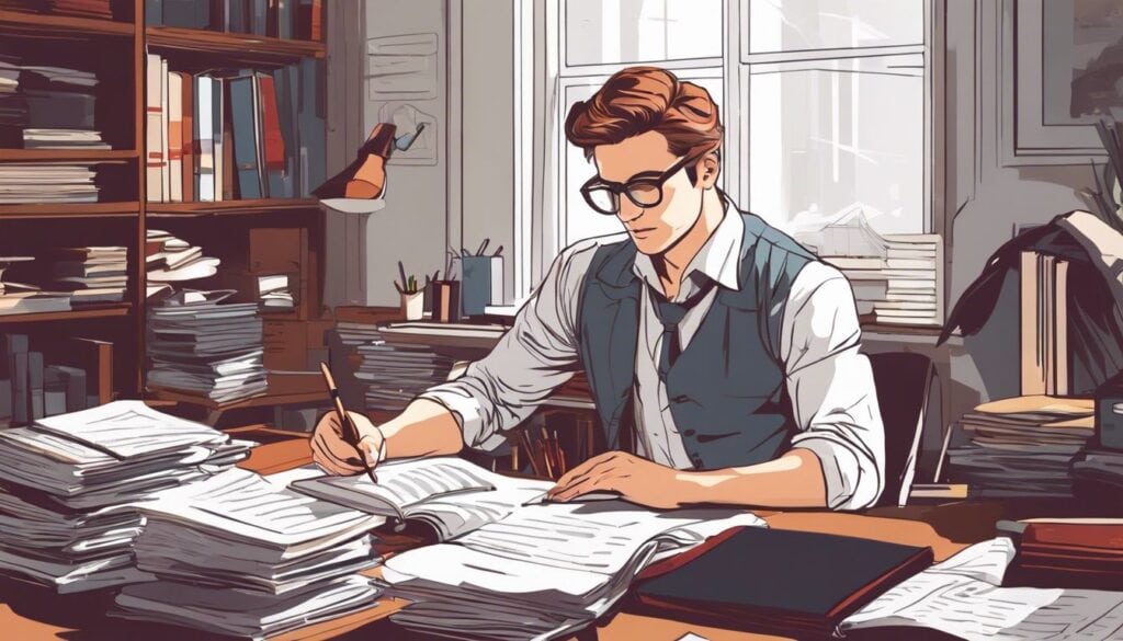 Persoon geconcentreerd bezig met Frans boekhouden in rommelig kantoor.