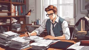 Persoon geconcentreerd bezig met Frans boekhouden in rommelig kantoor.