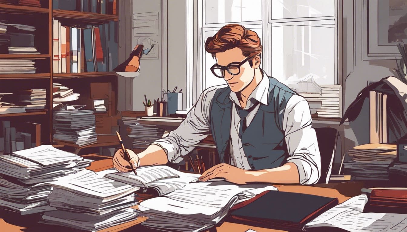 Persoon geconcentreerd bezig met Frans boekhouden in rommelig kantoor.