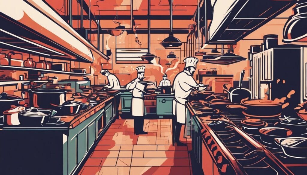 Een drukke restaurantkeuken met chefs en personeel die financiën beheren.
