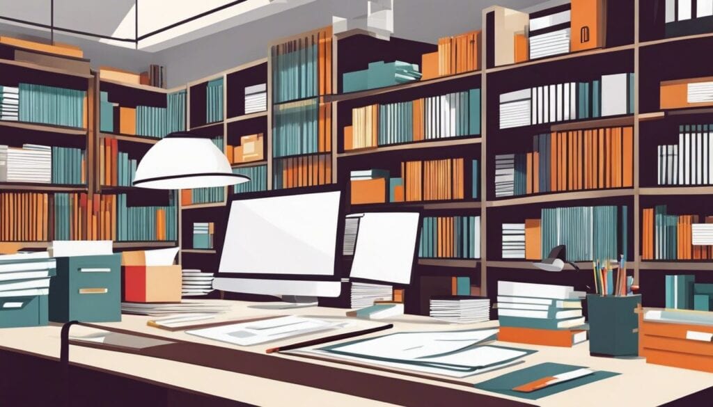 Een individu organiseert bonnetjes en facturen in een opgeruimde kantooromgeving.