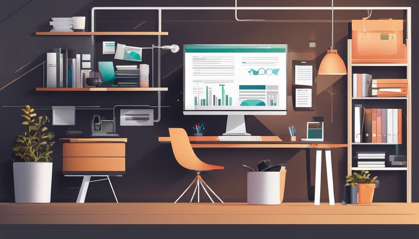 Een mooi georganiseerd thuiskantoor met een computer en financiële documenten.