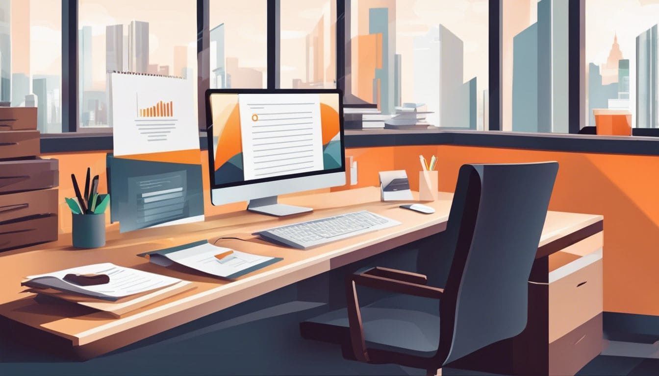 Een opgeruimd en efficiënt kantoor met financiële documenten en een computer.