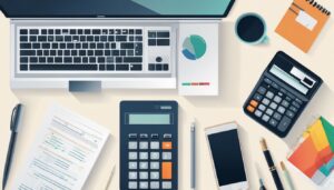 Een opgeruimd bureau met financiële documenten en een rekenmachine, professionele en efficiënte sfeer.