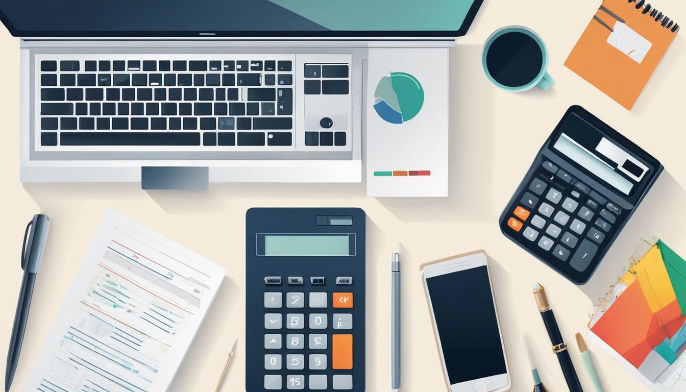 Een opgeruimd bureau met financiële documenten en een rekenmachine, professionele en efficiënte sfeer.