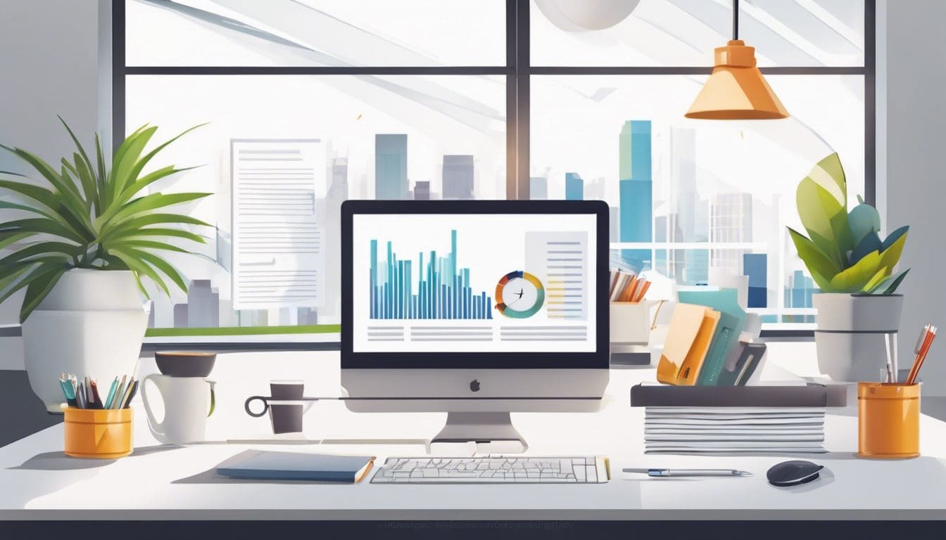 Een georganiseerd kantoorbureau met boekhoudboeken en spreadsheets.