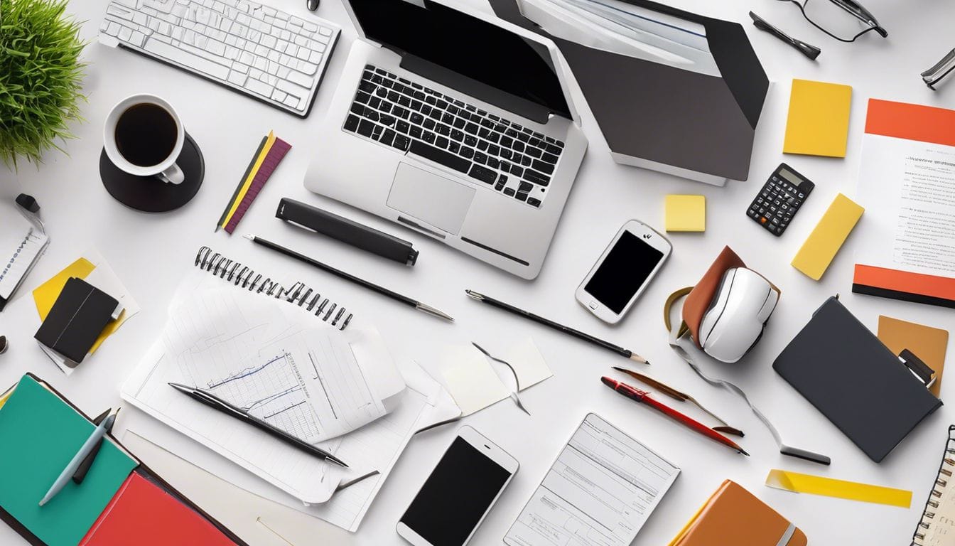 Een opgeruimd bureau met boekhoudkundige boeken en kantoorbenodigdheden.