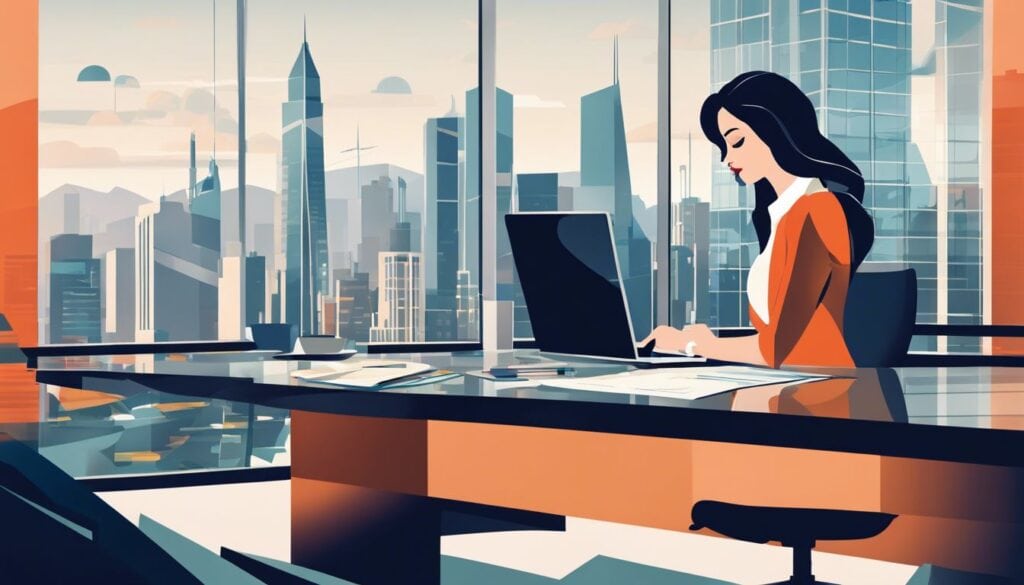 Een zakenvrouw analyseert financiële documenten in een modern kantoor.