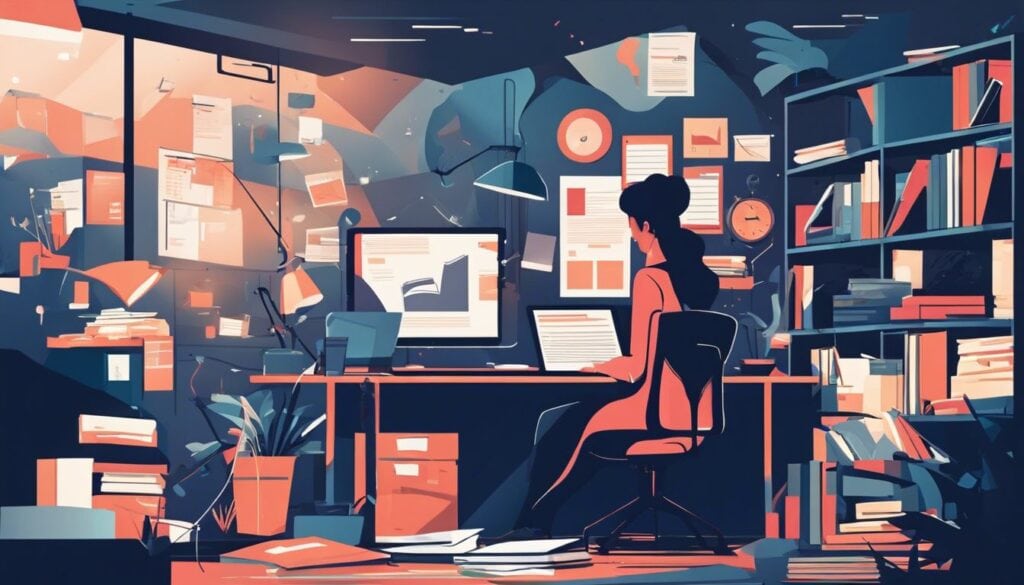 Een persoon zit aan een bureau omringd door papierwerk en een laptop, in een chaotische en stressvolle kantooromgeving.