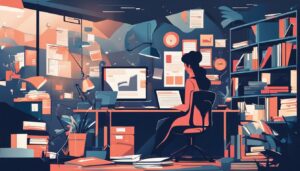 Een persoon zit aan een bureau omringd door papierwerk en een laptop, in een chaotische en stressvolle kantooromgeving.