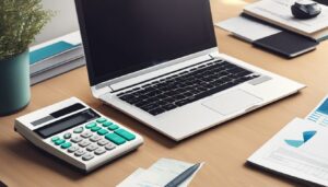 Een georganiseerd kantoorbureau met calculator en laptop.