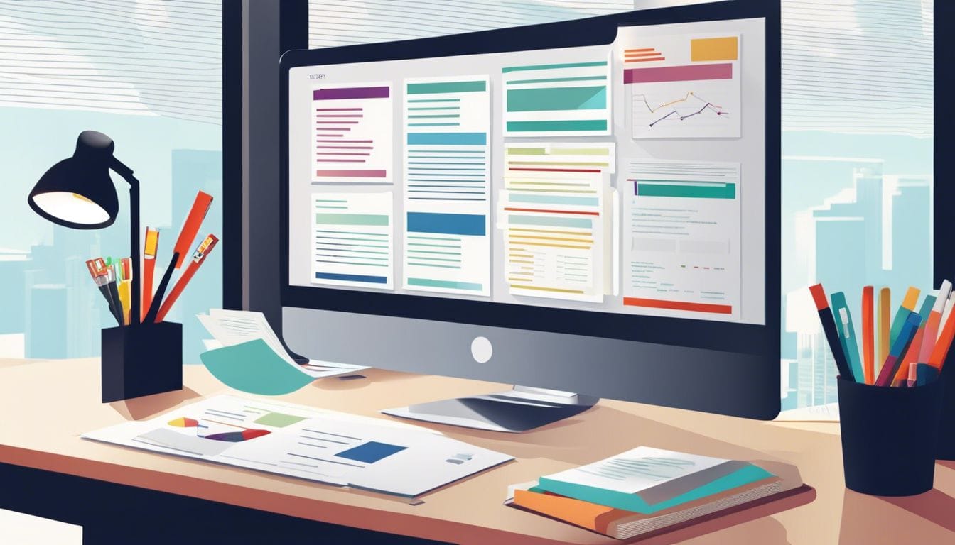 Een persoon organiseert bonnetjes en facturen op een goed verlicht bureau.