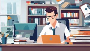 Een persoon beheert zelfverzekerd financiële gegevens op een rommelig bureau.