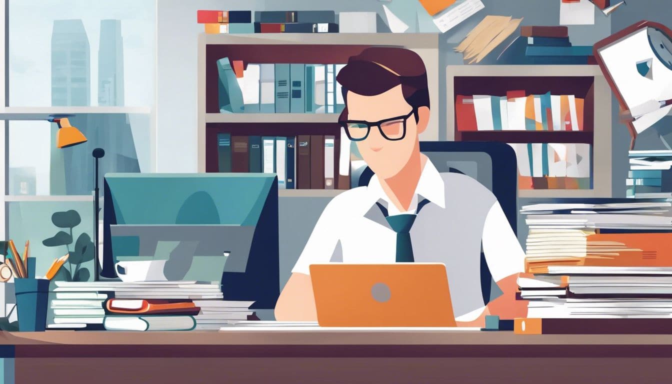 Een persoon beheert zelfverzekerd financiële gegevens op een rommelig bureau.