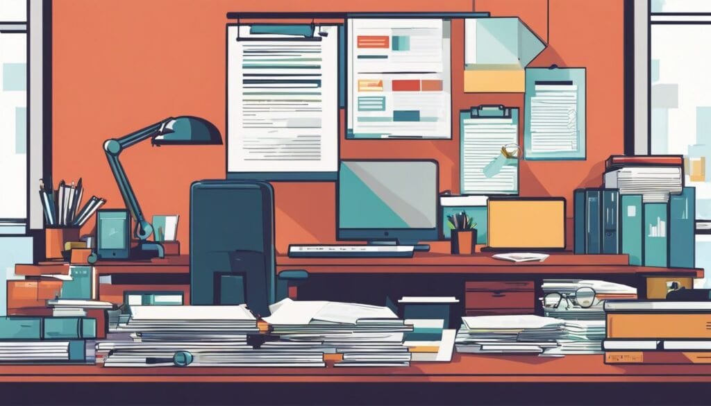 Een goed georganiseerd kantoorbureau met documenten, computer en kantoorbenodigdheden.