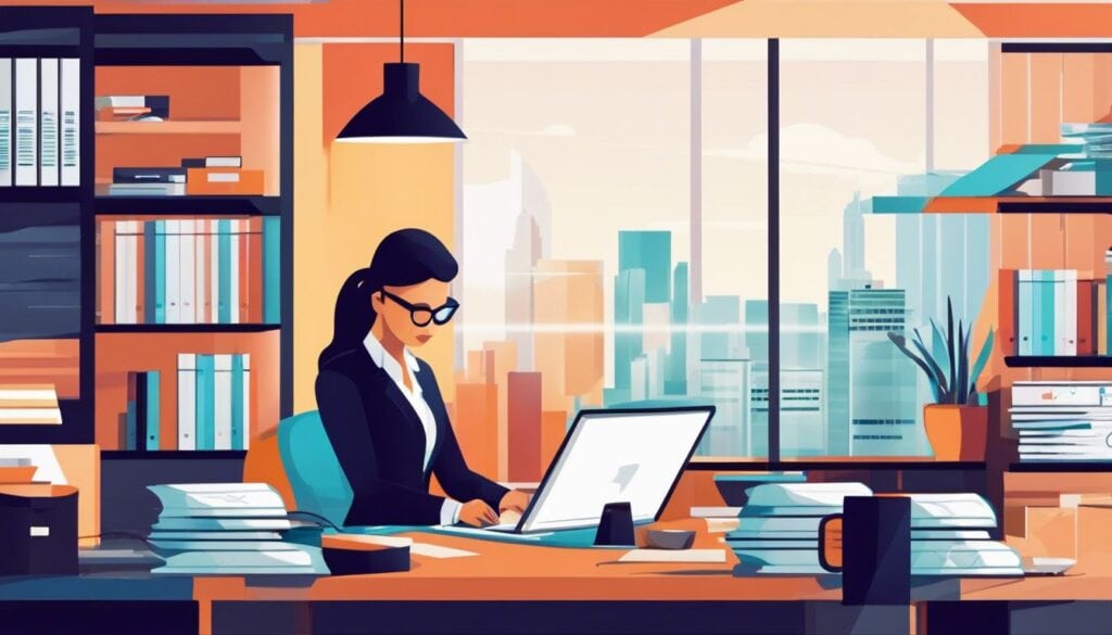 Een zakelijke eigenaar bekijkt facturen in een moderne kantooromgeving.