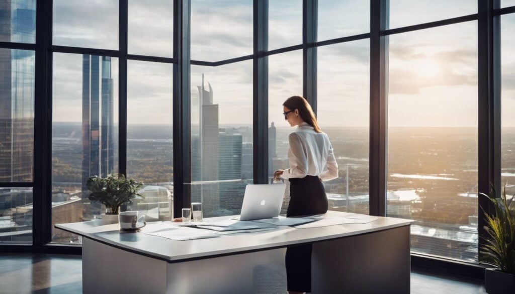 Een vrouwelijke ondernemer bestudeert financiële documenten in een modern kantoor.