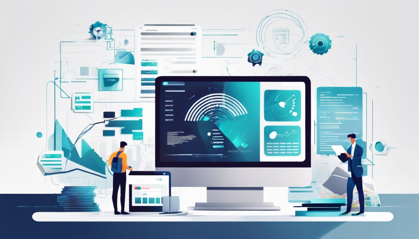 Moderne technologie met complexe financiële papieren en AI-algoritmen in vlak design.