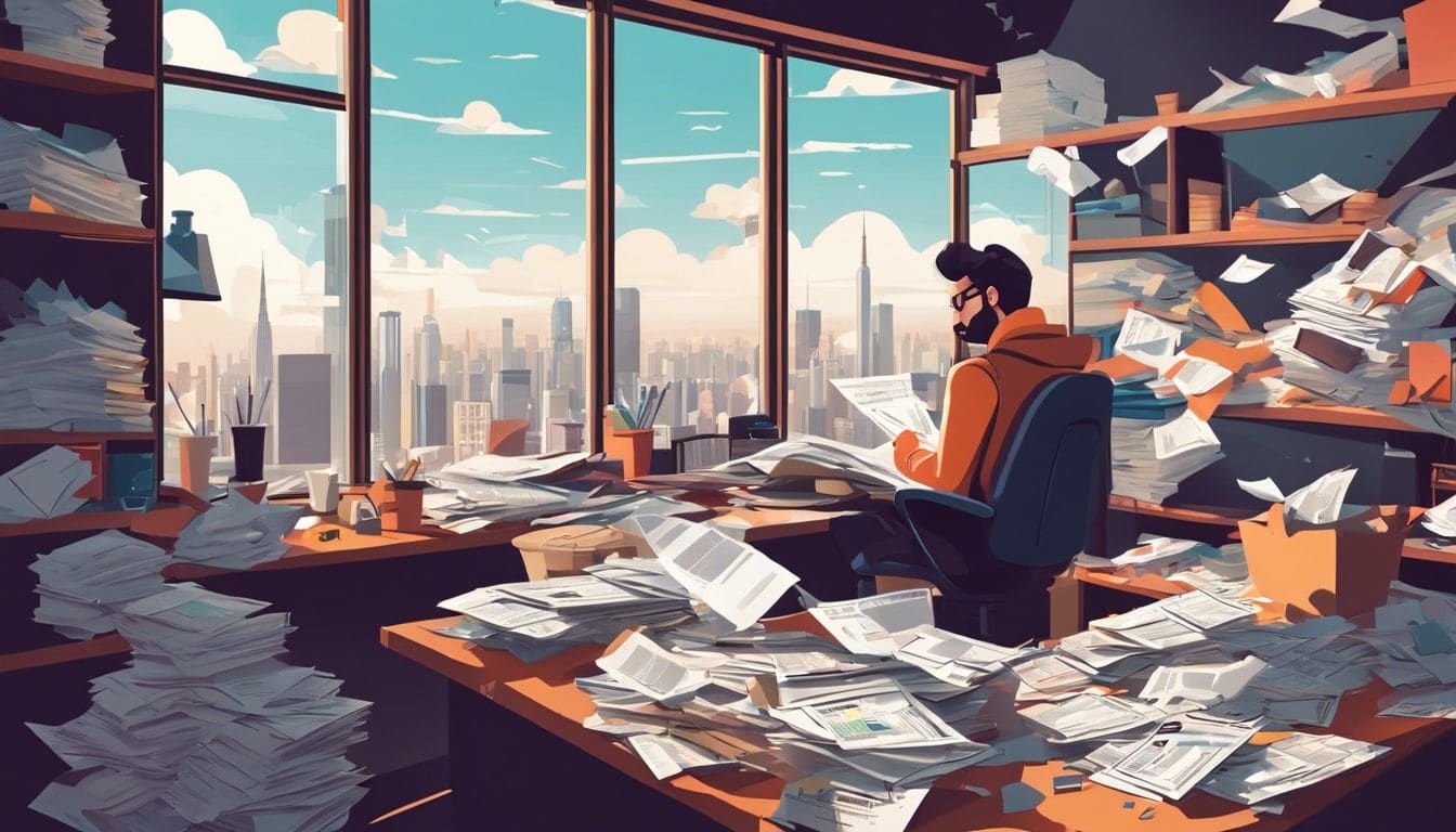 Een persoon zit aan een rommelig bureau met stapels bonnetjes en facturen.