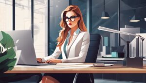 Vrouwelijke ondernemer analyseert financiële gegevens in modern kantoor.