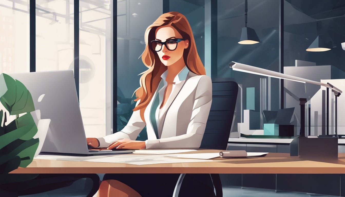 Vrouwelijke ondernemer analyseert financiële gegevens in modern kantoor.