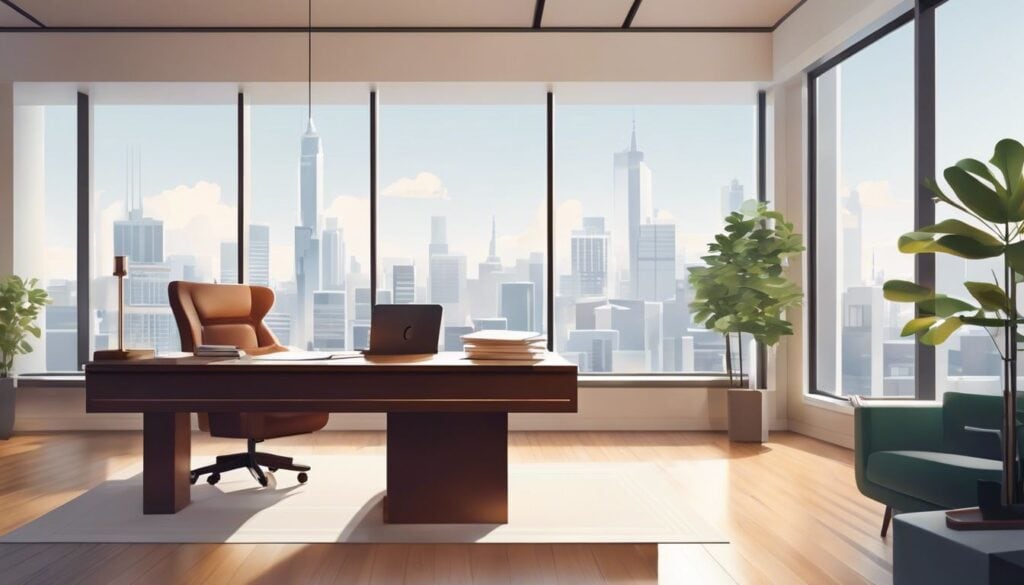 Een notaris werkt aan een opgeruimd bureau met georganiseerde bestanden.