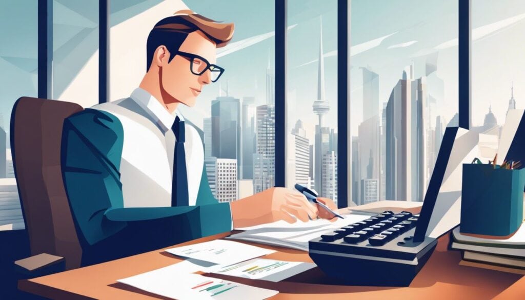 Een attente accountant werkt aan een bureau met een rekenmachine en financiële documenten.