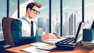 Een attente accountant werkt aan een bureau met een rekenmachine en financiële documenten.