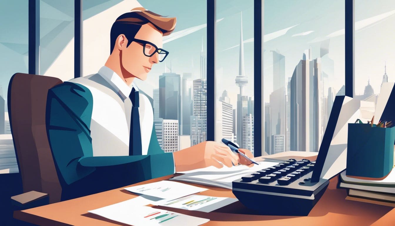Een attente accountant werkt aan een bureau met een rekenmachine en financiële documenten.