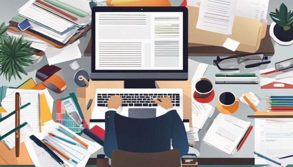 Een persoon organiseert bonnetjes en documenten op een net bureau.