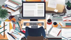 Een persoon organiseert bonnetjes en documenten op een net bureau.