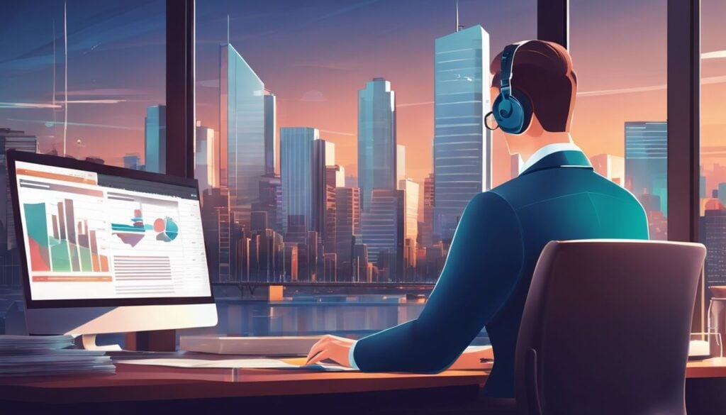 Een persoon luistert naar een boekhoudpodcast op een opgeruimd bureau met financiële documenten.