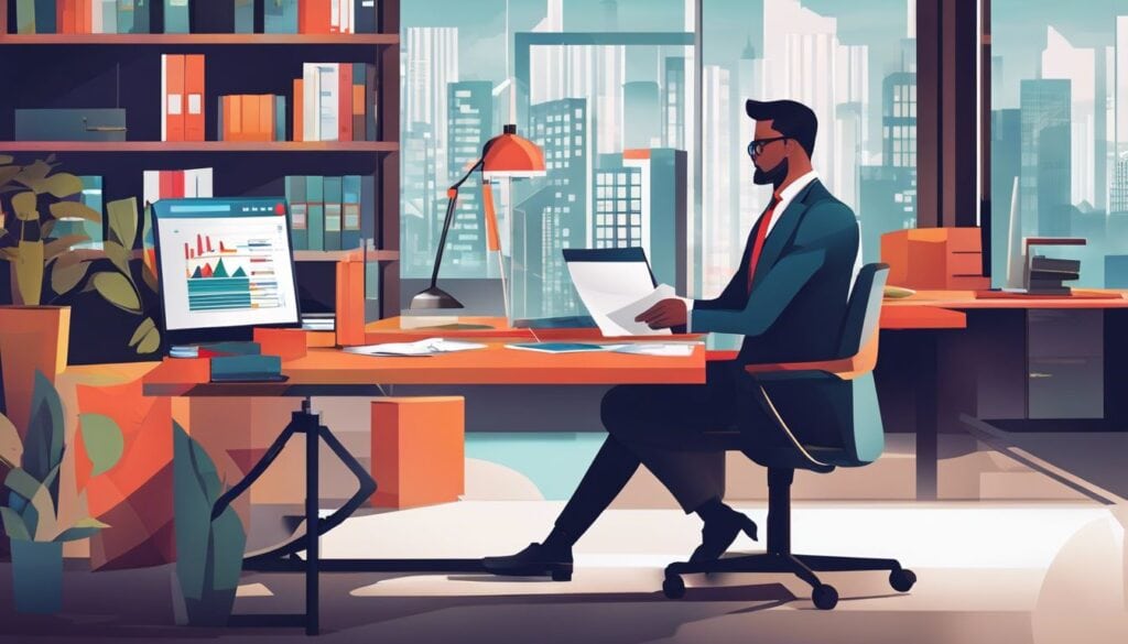 Een geconcentreerde accountant omringd door geordende bestanden en grafieken in een moderne kantooromgeving.