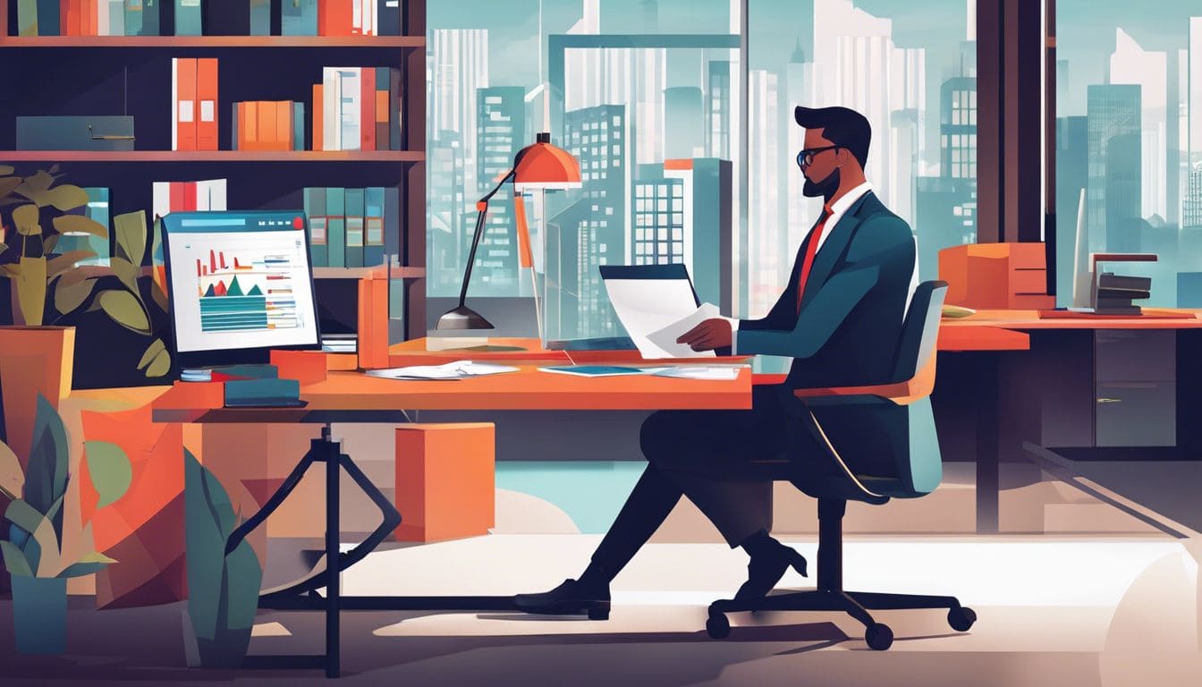 Een geconcentreerde accountant omringd door geordende bestanden en grafieken in een moderne kantooromgeving.