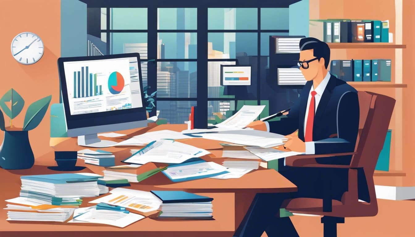 Een accountant analyseert financiële documenten op een rommelig bureau.